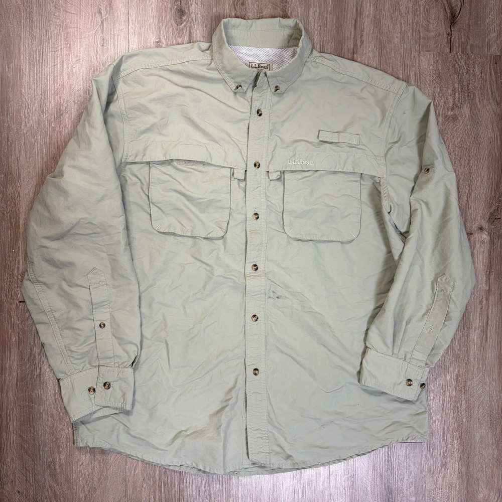 LL Bean Tropicwear Shirt Long Sleeve Green Mens Large Regular Button Up